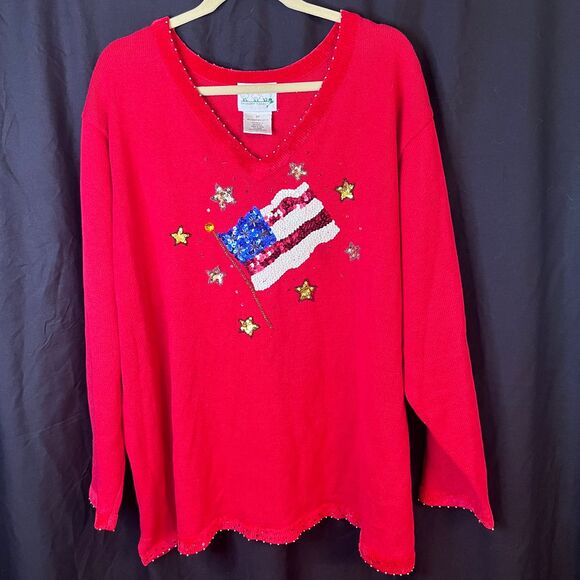 The Quacker Factory American Flag Sweater Red Sequins L/S Cotton Blend Sz‎ 3x - Picture 1 of 9